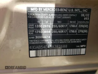 2003 Mercedes-Benz M-Class 3.2L with VIN 4JGAB54E43A382688, listed as a Copart auction lot 54434734 with 289,115 mi miles and Salvage Title. Bid and sale history available at carsss.com. Image 13.