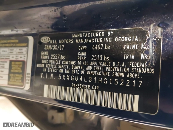 2017 Kia Optima EX with VIN 5XXGU4L31HG152217, listed as a IAAI auction lot 41726906 with 97,681 mi miles. Bid and sale history available at carsss.com. Image 9.