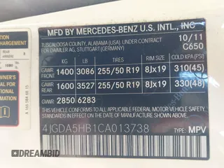 2012 Mercedes-Benz M ML 350 with VIN 4JGDA5HB1CA013738, listed as a IAAI auction lot 42024949 with 81,124 mi miles. Bid and sale history available at carsss.com. Image 9.