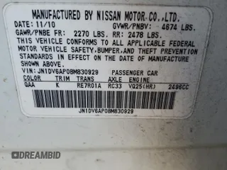 2011 Infiniti G25 Journey with VIN JN1DV6AP0BM830929, listed as a Copart auction lot 87077624 with Not Provided miles and Salvage Title. Bid and sale history available at DreamBid. Image 12.