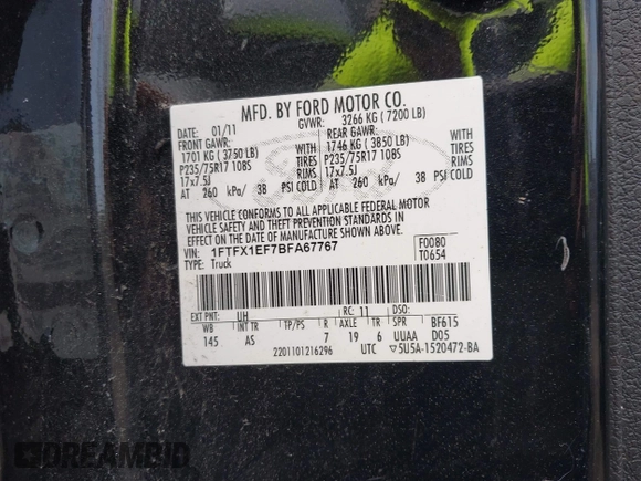 2011 Ford F-150 XL with VIN 1FTFX1EF7BFA67767, listed as a IAAI auction lot 42399898 with 255,994 mi miles and . Bid and sale history available at DreamBid. Image 9.