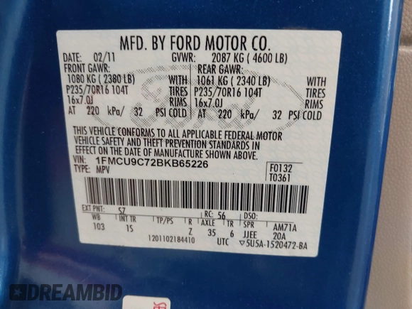 2011 Ford Escape XLS z VIN 1FMCU9C72BKB65226, wystawiony jako IAAI lot #42694360 z przebiegiem 169 375 mil mil oraz . Historia ofert i sprzedaży dostępna na DreamBid. Obrazek 9.