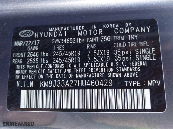 2017 Hyundai Tucson Value with VIN KM8J33A27HU460429, listed as a IAAI auction lot 41681076 with 95,178 mi miles. Bid and sale history available at carsss.com. Image 9.