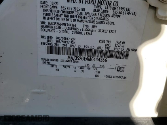 2021 Ford EcoSport SE with VIN MAJ3S2GE4MC444366, listed as a Copart auction lot 54402885 with 25,687 mi miles and Salvage title. Bid and sale history available at DreamBid. Image 13.