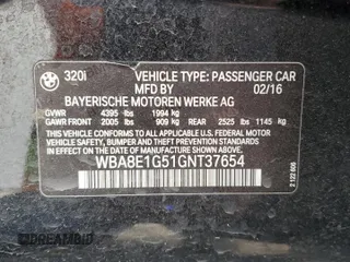 2016 BMW 3 Series 320i with VIN WBA8E1G51GNT37654, listed as a Copart auction lot 43650585 with 141,032 mi miles and Salvage Title. Bid and sale history available at DreamBid. Image 12.