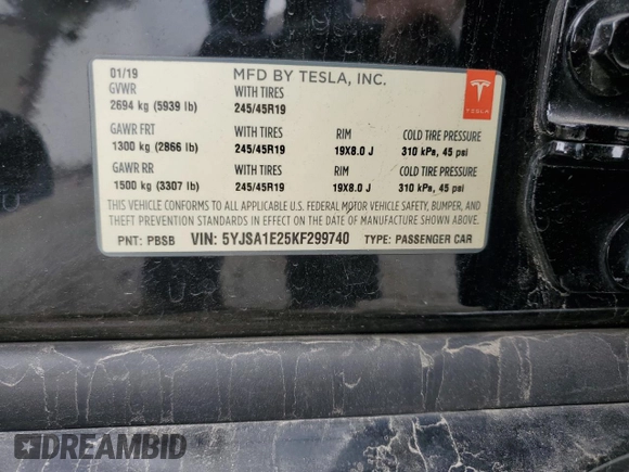 2019 Tesla Model S 75D with VIN 5YJSA1E25KF299740, listed as a Copart auction lot 55821595 with 140,385 mi miles and Salvage title. Bid and sale history available at DreamBid. Image 12.