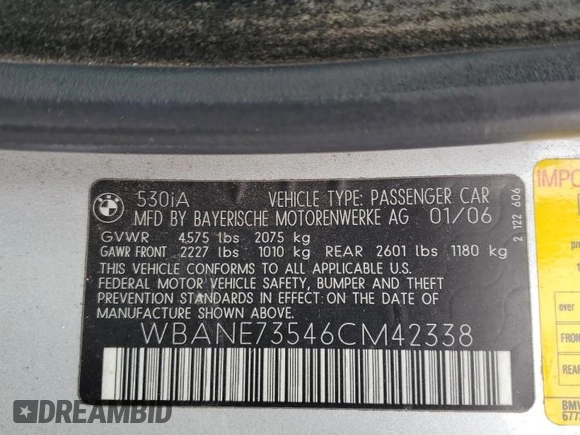 2006 BMW 5 Series 530i with VIN WBANE73546CM42338, listed as a Copart auction lot 50972655 with 133,483 mi miles and Salvage Title. Bid and sale history available at carsss.com. Image 12.