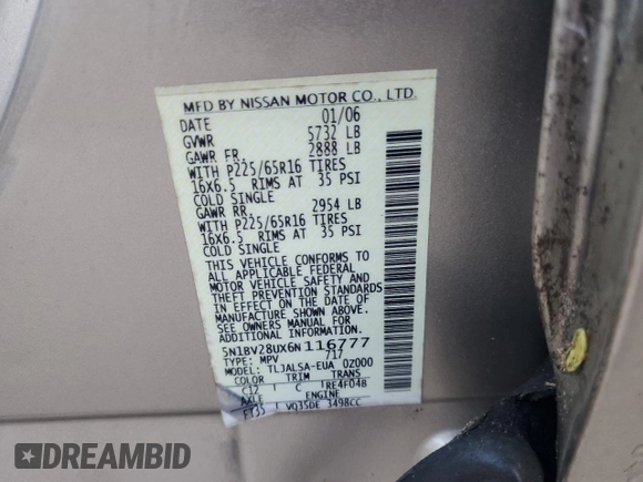 2006 Nissan Quest S Special Edition with VIN 5N1BV28UX6N116777, listed as a Copart auction lot 80316754 with 145,509 mi miles and Salvage Title. Bid and sale history available at carsss.com. Image 14.