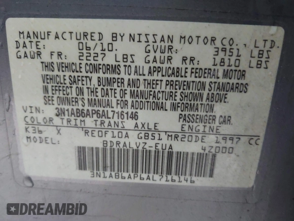 2010 Nissan Sentra S with VIN 3N1AB6AP6AL716146, listed as a IAAI auction lot 42158390 with 151,531 mi miles and . Bid and sale history available at carsss.com. Image 9.