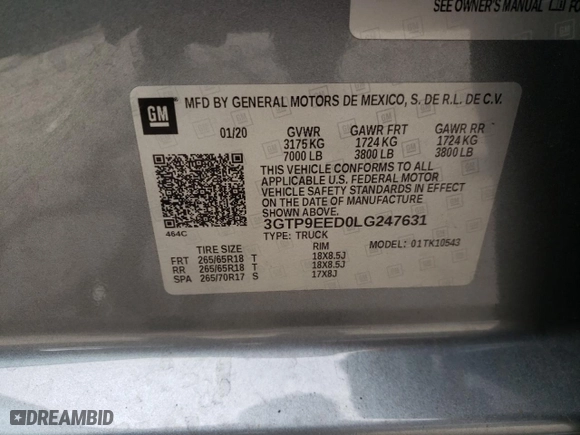 2020 GMC Sierra 1500 AT4 with VIN 3GTP9EED0LG247631, listed as a Copart auction lot 82352524 with 155,695 mi miles and Salvage Title. Bid and sale history available at carsss.com. Image 13.