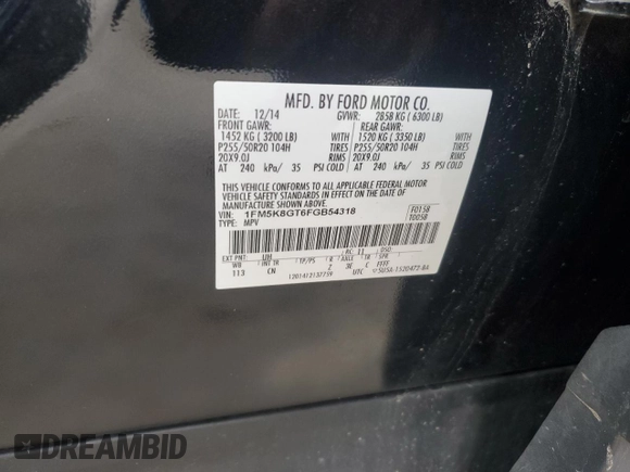 2015 Ford Explorer Sport с VIN 1FM5K8GT6FGB54318, выставлен на аукционе Copart как лот 56276275 с пробегом 122 570 миль миль и Чистый • Clean title. История ставок и продаж доступна на DreamBid. Изображение 13.