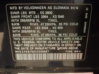 2014 Volkswagen Touareg Sport with VIN WVGEF9BP9ED008967, listed as a IAAI auction lot 41984409 with 193,859 mi miles and . Bid and sale history available at DreamBid. Image 9.