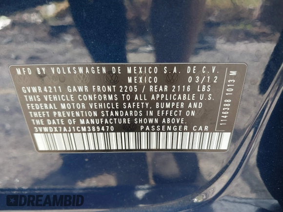 2012 Volkswagen Jetta SE with VIN 3VWDX7AJ1CM389470, listed as a IAAI auction lot 41011343 with 133,295 mi miles and . Bid and sale history available at DreamBid. Image 9.