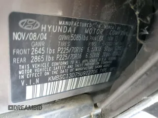 2005 Hyundai Santa Fe GLS with VIN KM8SC13D75U912706, listed as a Copart auction lot 57878555 with 134,565 mi miles and Clean title. Bid and sale history available at DreamBid. Image 12.