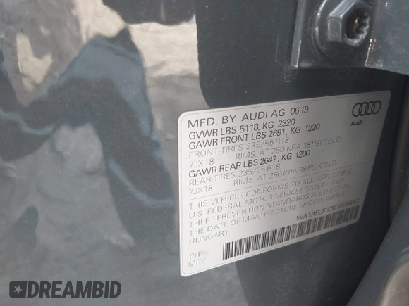 2019 Audi Q3 Premium with VIN WA1AECF37K1076492, listed as a IAAI auction lot 41099499 with 80,975 mi miles and . Bid and sale history available at DreamBid. Image 9.