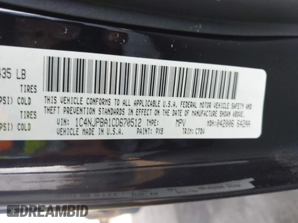 2012 Jeep Patriot Sport with VIN 1C4NJPBA1CD670512, listed as a IAAI auction lot 41208274 with 107,171 mi miles and . Bid and sale history available at DreamBid. Image 9.