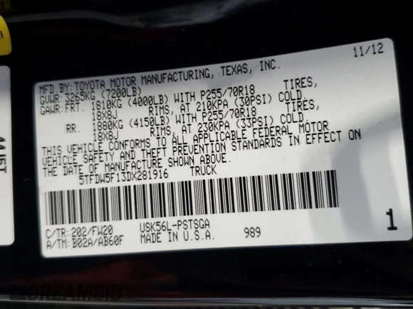 2013 Toyota Tundra z VIN 5TFDW5F13DX281916, wystawiony jako Copart lot #55177945 z przebiegiem 119 446 mil mil oraz Szkoda całkowita • Salvage title. Historia ofert i sprzedaży dostępna na DreamBid. Obrazek 12.