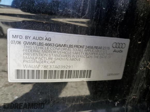 2007 Audi A4 2.0T with VIN WAUAF78E37A039291, listed as a Copart auction lot 47048265 with 120,531 mi miles and Salvage Title. Bid and sale history available at carsss.com. Image 12.