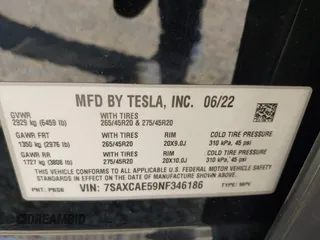 2022 Tesla Model X with VIN 7SAXCAE59NF346186, listed as a IAAI auction lot 41893923 with Not Provided miles and . Bid and sale history available at DreamBid. Image 8.