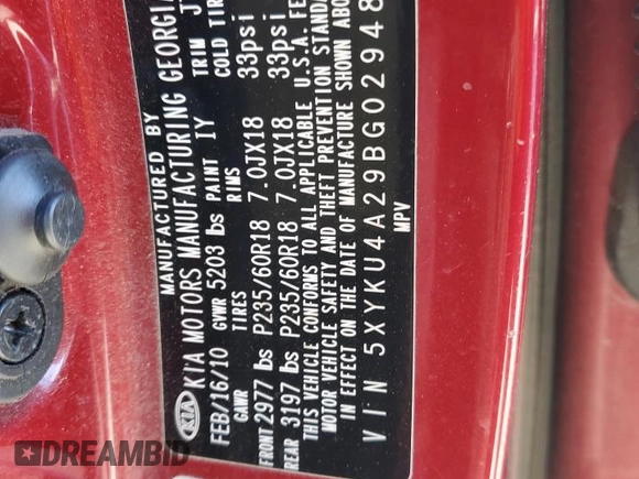 2011 Kia Sorento EX with VIN 5XYKU4A29BG029482, listed as a Copart auction lot 49680355 with 233,580 mi miles and Salvage Title. Bid and sale history available at carsss.com. Image 16.