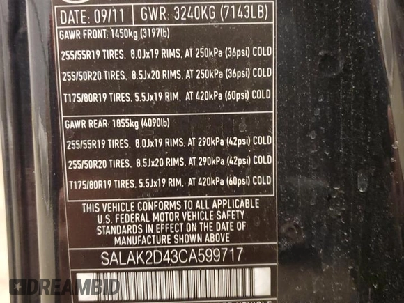 2012 Land Rover LR4 Lux with VIN SALAK2D43CA599717, listed as a Copart auction lot 45047275 with 69,341 mi miles and Salvage title. Bid and sale history available at DreamBid. Image 12.