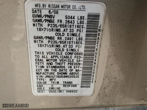 2009 Nissan Murano S with VIN JN8AZ18U59W020525, listed as a Copart auction lot 84432864 with 185,420 mi miles and Salvage Title. Bid and sale history available at carsss.com. Image 15.