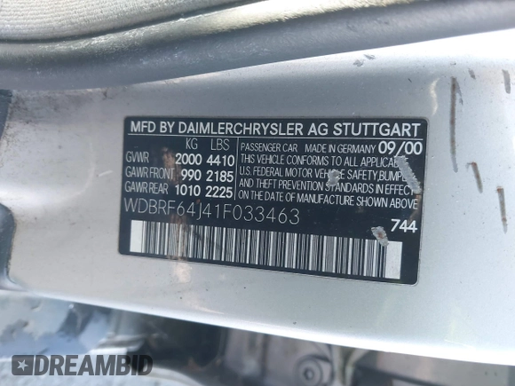 2001 Mercedes-Benz C 320 with VIN WDBRF64J41F033463, listed as a IAAI auction lot 38286733 with 236,726 mi miles and . Bid and sale history available at DreamBid. Image 9.