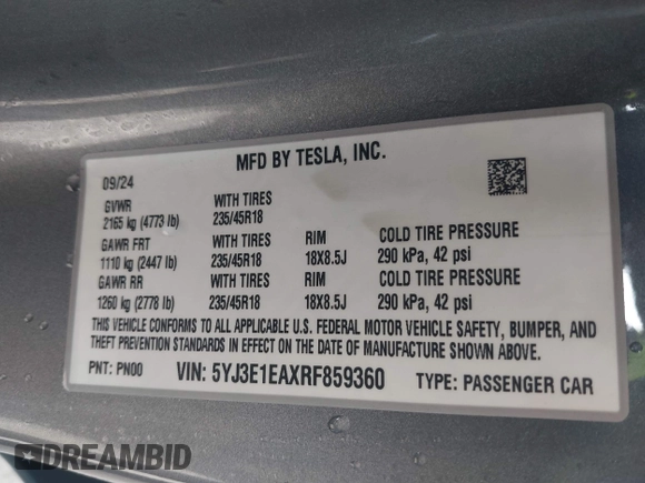 2024 Tesla Model 3 with VIN 5YJ3E1EAXRF859360, listed as a IAAI auction lot 41725898 with 3,693 mi miles. Bid and sale history available at carsss.com. Image 9.