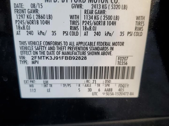 2015 Ford Edge SEL with VIN 2FMTK3J91FBB92828, listed as a Copart auction lot 43271665 with 91,576 mi miles and Salvage Title. Bid and sale history available at carsss.com. Image 16.