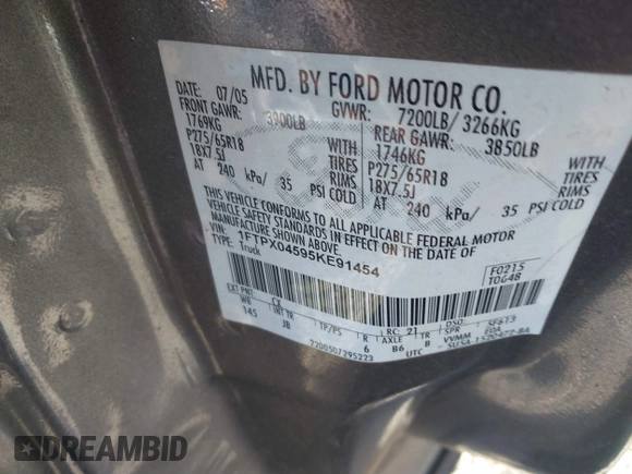 2005 Ford F-150 XLT с VIN 1FTPX04595KE91454, выставлен на аукционе IAAI как лот 41294791 с пробегом Не указан миль и . История ставок и продаж доступна на DreamBid. Изображение 9.
