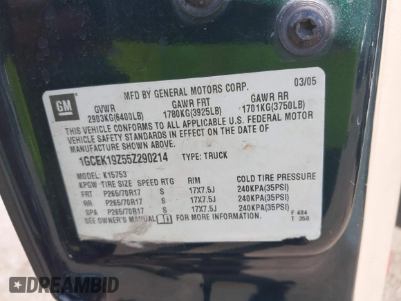2005 Chevrolet Silverado 1500 Z71 with VIN 1GCEK19Z55Z290214, listed as a IAAI auction lot 41504269 with Not Provided miles and . Bid and sale history available at DreamBid. Image 9.