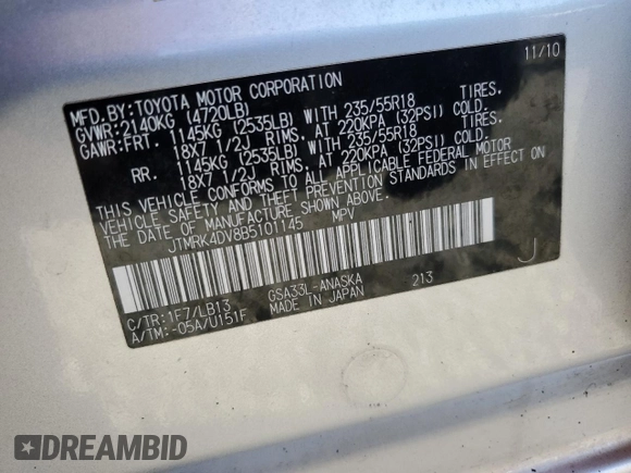 2011 Toyota RAV4 Sport with VIN JTMRK4DV8B5101145, listed as a Copart auction lot 52458935 with 163,857 mi miles and Salvage Title. Bid and sale history available at carsss.com. Image 12.