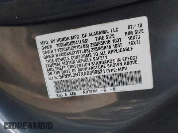2010 Honda Odyssey EX-L with VIN 5FNRL3H7XAB099821, listed as a IAAI auction lot 41680729 with 217,458 mi miles and . Bid and sale history available at DreamBid. Image 9.