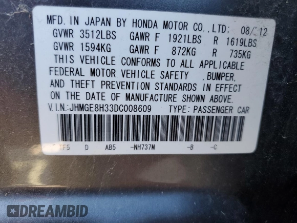 2013 Honda Fit with VIN JHMGE8H33DC008609, listed as a Copart auction lot 49320405 with 114,068 mi miles and Salvage Title. Bid and sale history available at carsss.com. Image 13.