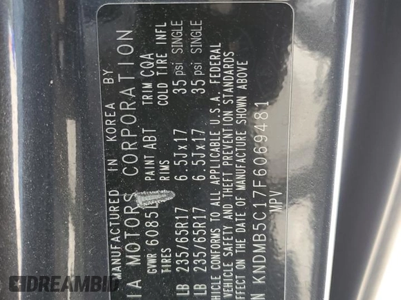 2015 Kia Sedona LX with VIN KNDMB5C17F6069481, listed as a Copart auction lot 55602005 with 169,146 mi miles and Clean Title. Bid and sale history available at DreamBid. Image 13.