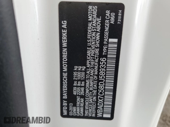 2013 BMW 3 Series 335i with VIN WBADX7C58DJ589356, listed as a Copart auction lot 85731764 with 107,492 mi miles and Salvage Title. Bid and sale history available at DreamBid. Image 12.