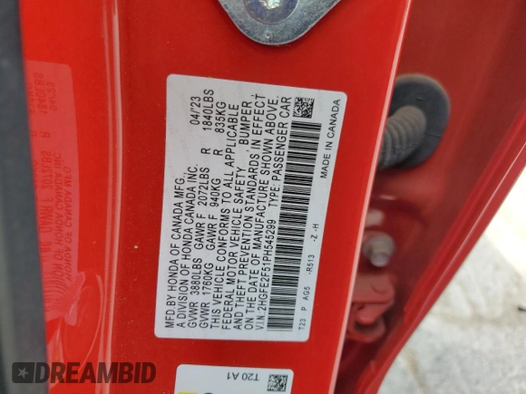 2023 Honda Civic Sport with VIN 2HGFE2F51PH545299, listed as a Copart auction lot 57341085 with 7,339 mi miles and Salvage title. Bid and sale history available at DreamBid. Image 12.
