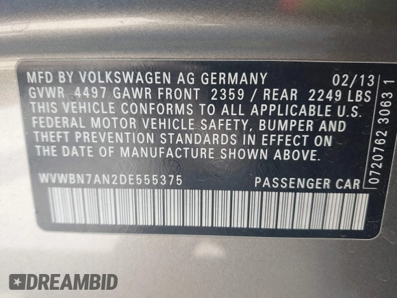 2013 Volkswagen CC Sport with VIN WVWBN7AN2DE555375, listed as a IAAI auction lot 42048643 with 125,484 mi miles and . Bid and sale history available at DreamBid. Image 9.