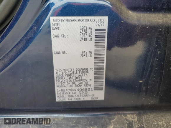 2023 Nissan Altima SR z VIN 1N4BL4CV0PN406801, wystawiony jako Copart lot #43175775 z przebiegiem 48 964 mil mil oraz Szkoda całkowita • Salvage title. Historia ofert i sprzedaży dostępna na DreamBid. Obrazek 14.