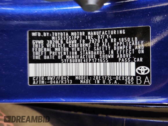 2014 Toyota Corolla L z VIN 5YFBURHE4EP171655, wystawiony jako Copart lot #65644175 z przebiegiem 149 077 mil mil oraz Szkoda całkowita • Salvage title. Historia ofert i sprzedaży dostępna na DreamBid. Obrazek 13.