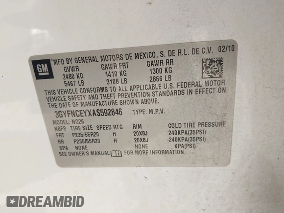 2010 Cadillac SRX Premium Collection with VIN 3GYFNCEYXAS592846, listed as a IAAI auction lot 41641146 with 232,642 mi miles and . Bid and sale history available at DreamBid. Image 9.
