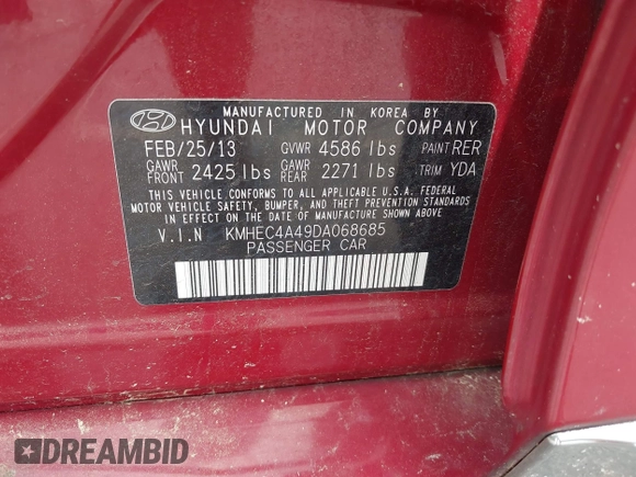 2013 Hyundai Sonata with VIN KMHEC4A49DA068685, listed as a IAAI auction lot 42211683 with 123,769 mi miles and . Bid and sale history available at carsss.com. Image 9.