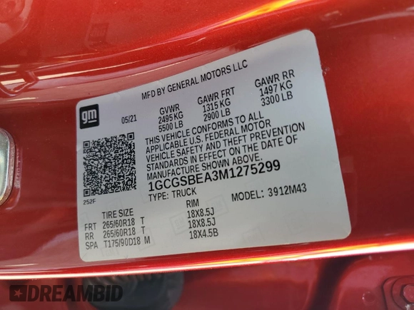 2021 Chevrolet Colorado 2WD Work Truck with VIN 1GCGSBEA3M1275299, listed as a Copart auction lot 45206925 with 50,225 mi miles and Salvage title. Bid and sale history available at DreamBid. Image 12.