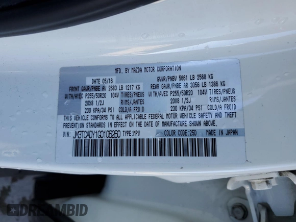 2016 Mazda CX-9 Grand Touring with VIN JM3TCADY1G0106260, listed as a Copart auction lot 86427184 with 95,520 mi miles and Clean Title. Bid and sale history available at DreamBid. Image 13.