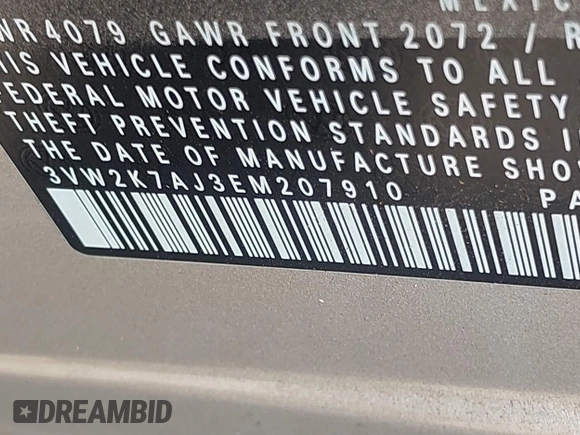 2014 Volkswagen Jetta S with VIN 3VW2K7AJ3EM207910, listed as a IAAI auction lot 41759225 with 179,341 mi miles and . Bid and sale history available at DreamBid. Image 9.