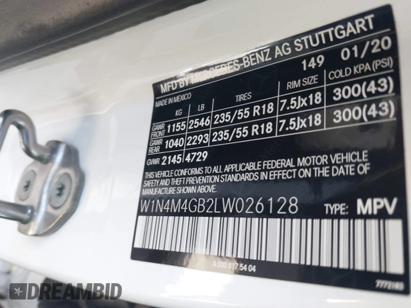 2020 Mercedes-Benz GLB with VIN W1N4M4GB2LW026128, listed as a IAAI auction lot 41847404 with 78,283 mi miles. Bid and sale history available at carsss.com. Image 9.