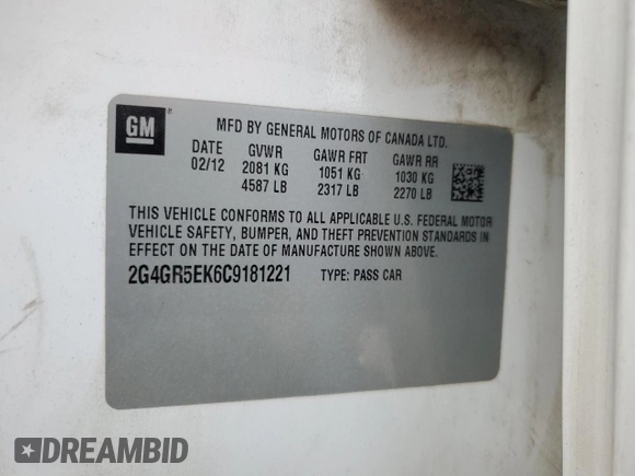 2012 Buick Regal with VIN 2G4GR5EK6C9181221, listed as a Copart auction lot 43464495 with 167,761 mi miles and Salvage Title. Bid and sale history available at carsss.com. Image 14.