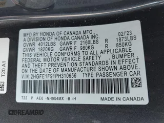 2023 Honda Civic Sedan Touring with VIN 2HGFE1F91PH310656, listed as a IAAI auction lot 41884334 with 17,691 mi miles. Bid and sale history available at carsss.com. Image 9.
