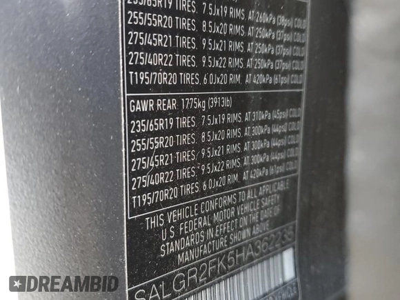 2017 Land Rover Range Rover with VIN SALGR2FK5HA362235, listed as a Copart auction lot 41617135 with 84,568 mi miles and Salvage title. Bid and sale history available at DreamBid. Image 14.
