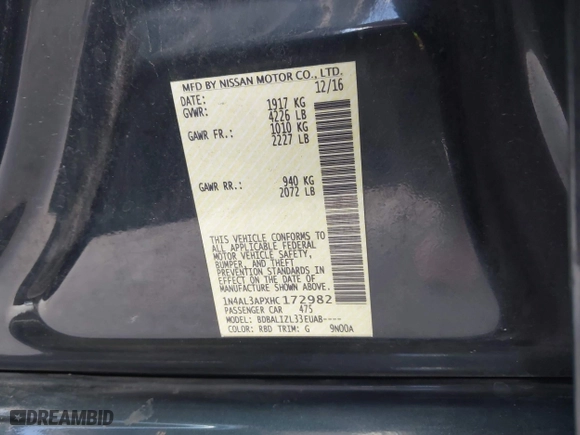 2017 Nissan Altima 2.5 SV with VIN 1N4AL3APXHC172982, listed as a IAAI auction lot 41733473 with 118,738 mi miles. Bid and sale history available at carsss.com. Image 9.
